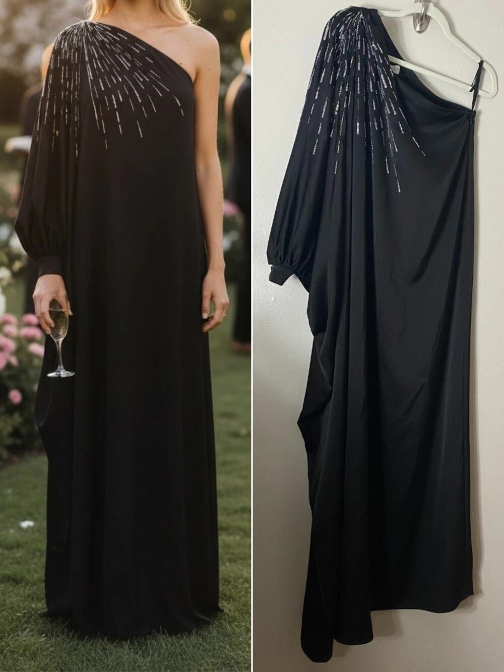 Halston Black Sequin Beaded Dress Mother of the Bride Gown Wedding Guest